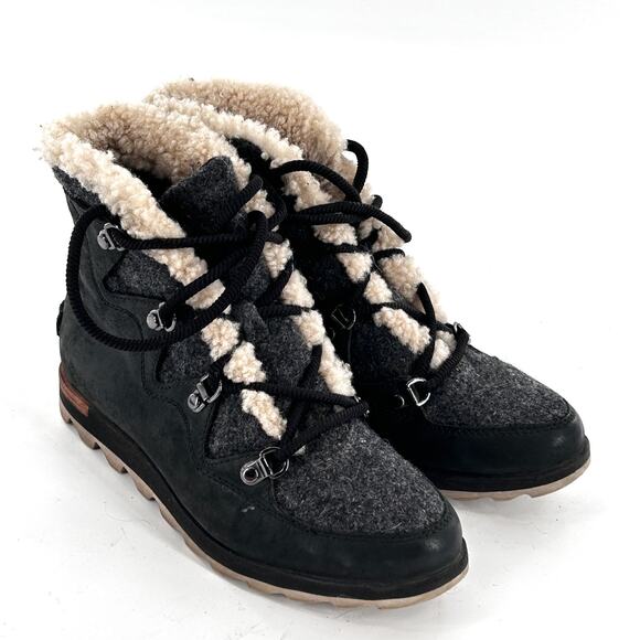Sorel Sneakchic Alpine Holiday Boots 6 Shearling Booties Black Gray Lace Combat - Picture 6 of 10